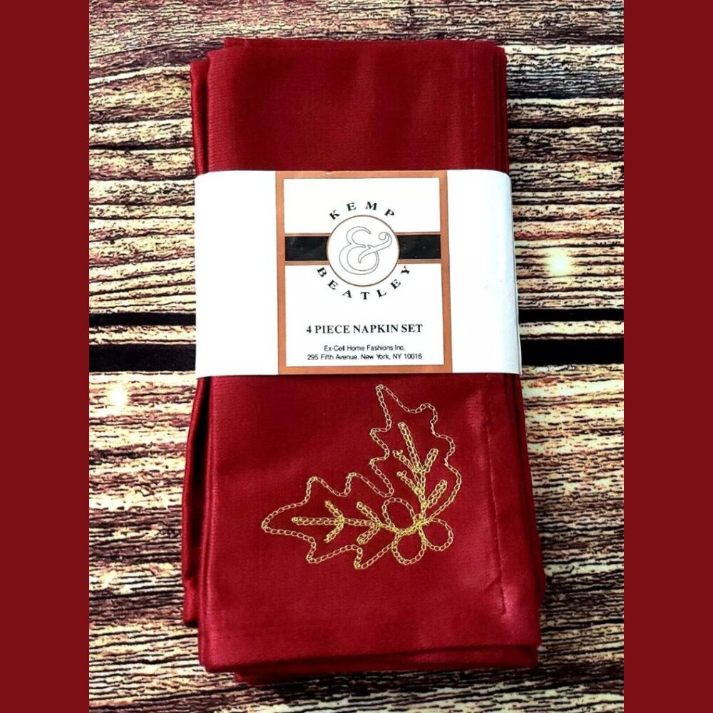 Vintage Kemp & Beatley Autumn Fall Themed Square Cloth Napkins Gold Leaves NOS